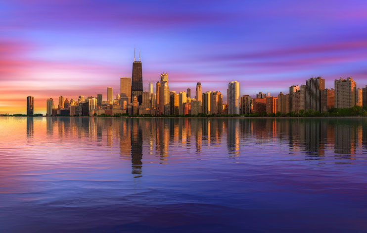 chicago skyline at sunset